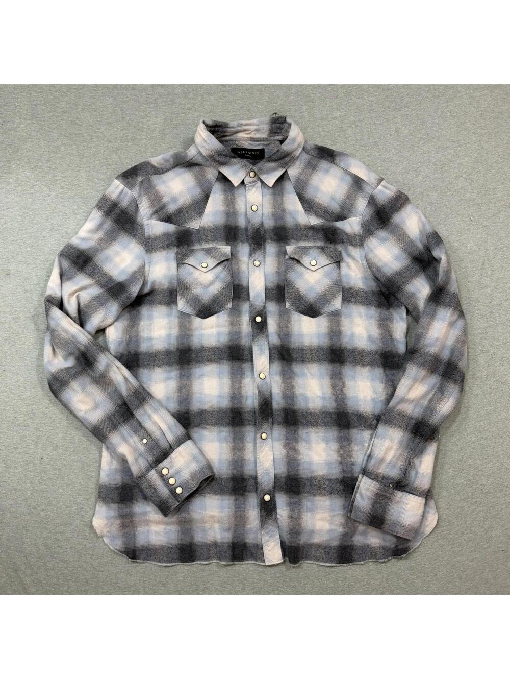 AllSaints Kearne Long Sleeve Check Shirt Men’s Size Large Pearl Snap Plaid EUC